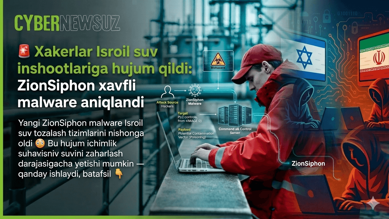 🚨 Xakerlar Isroil suv inshootlariga hujum qildi: ZionSiphon xavfli malware qo'llashmoqda.